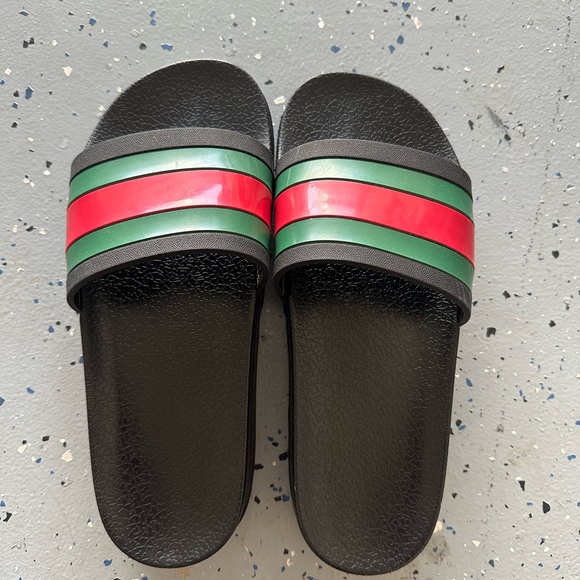 Stylish Black Slides with Red and Green Stripes